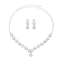 Brass Jewelry Set, earring & necklace, with 15cm extender chain, silver color plated, three pieces & fashion jewelry & for woman & with rhinestone, silver color 105mm cm 