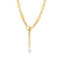 Titanium Steel Jewelry Necklace, with Freshwater Pearl, with 3cm extender chain, Vacuum Ion Plating, for woman, golden Approx 39 cm 