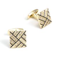 Brass Cufflinks,  Square, gold color plated, Unisex & enamel & with rhinestone, golden 