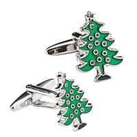Brass Cufflinks, Christmas Tree, silver color plated, for man & enamel, green 