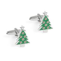 Brass Cufflinks, Christmas Tree, silver color plated, Christmas Design & for man & enamel, green 