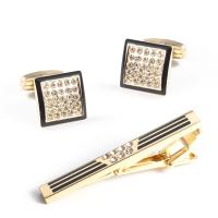 Brass Tie Clip Cufflink Set, with Zinc Alloy, gold color plated & for man & enamel & with rhinestone, golden 