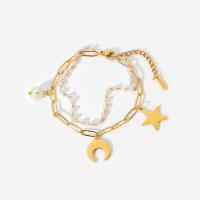 Stainless Steel Charm Bracelet, 304 Stainless Steel, with Plastic Pearl, with 1.57inch extender chain, Moon and Star, 18K gold plated, Double Layer & fashion jewelry & for woman, golden Approx 6.69 Inch, Approx 7.09 Inch 