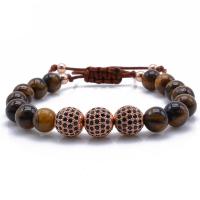 Tiger Eye Stone Bracelets, with Brass, Round, plated, Adjustable & fashion jewelry & micro pave cubic zirconia 10mm,8mm cm 