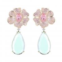 Crystal Drop Earring, Brass, with Crystal, Flower, real gold plated, fashion jewelry & micro pave cubic zirconia & for woman 