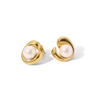 Stainless Steel Pearl Stud Earring, 304 Stainless Steel, with ABS Plastic Pearl, 18K gold plated, fashion jewelry & for woman, golden 