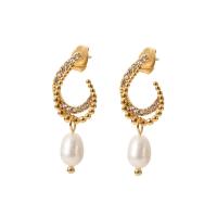 Freshwater Pearl Drop Earring, 304 Stainless Steel, with Freshwater Pearl, 18K gold plated, fashion jewelry & micro pave cubic zirconia & for woman, golden 