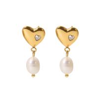 Freshwater Pearl Drop Earring, 304 Stainless Steel, with Freshwater Pearl, Heart, 18K gold plated, fashion jewelry & micro pave cubic zirconia & for woman, golden 