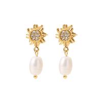 Freshwater Pearl Drop Earring, 304 Stainless Steel, with Freshwater Pearl, 18K gold plated, fashion jewelry & micro pave cubic zirconia & for woman, golden 