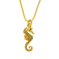 Cúbicos circón Collar de latón Micro pavimenta, metal, Caballito de mar, chapado en color dorado, diferentes estilos para la opción & micro arcilla de zirconia cúbica & para mujer, dorado, 18x7mm, Vendido por UD