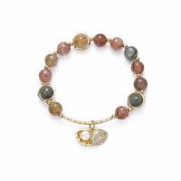 Rutilated Quartz Bracelet, with Plastic Pearl & Zinc Alloy, gold color plated, Christmas Design & for woman & enamel & with rhinestone, multi-colored Approx 5.9 Inch 
