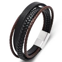 PU Leather Cord Bracelets, with 316L Stainless Steel, polished, fashion jewelry & multilayer & for man, black 