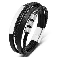 PU Leather Cord Bracelets, with 316L Stainless Steel, polished, fashion jewelry & multilayer & for man, black 
