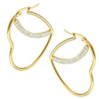 Stainless Steel Hoop Earring, 304 Stainless Steel, Heart, Vacuum Ion Plating, fashion jewelry & for woman & with rhinestone, golden 