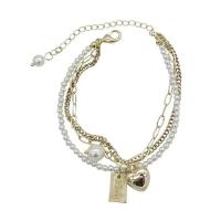 Zinc Alloy Pearl Bracelets, with Plastic Pearl, with 2.36inch extender chain, Heart, gold color plated, three layers & for woman Approx 6.7 Inch 