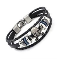 Cowhide Bracelets, Zinc Alloy, with Cowhide & Wood, Skull Cross, fashion jewelry & multilayer & Unisex Approx 8.27 Inch 