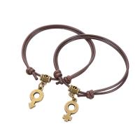 Couple Bracelet, Wax Cord, with Zinc Alloy, antique bronze color plated, 2 pieces & Adjustable & fashion jewelry, coffee color cm 