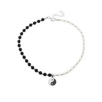 Plastic Pearl Necklace, with Zinc Alloy, with 5cm extender chain, silver color plated, fashion jewelry & ying yang & Unisex & enamel, white and black cm 