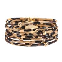 PU Leather Cord Bracelets, with Brass, zinc alloy magnetic clasp, Donut, gold color plated, multilayer & for woman & leopard pattern 