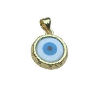 Mode Evil Eye Pendentif, laiton, avec coquille blanche & strass, Plat rond, Placage de couleur d'or, motif de mauvais œil & pour femme, blanc, 13mm, Vendu par PC