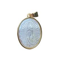 Brass Shell Pendants, White Shell, with Brass, Oval, gold color plated, for woman, white 