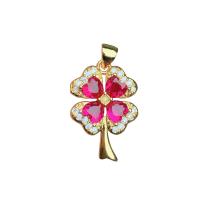 Rhinestone Brass Pendants, with Rhinestone, Four Leaf Clover, gold color plated, Unisex, red, 16mm 