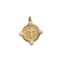 Rhinestone Brass Pendants, with Rhinestone & Plastic Pearl, Flat Round, gold color plated, Unisex, white, 22mm 