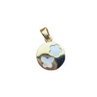 Brass Shell Pendants, with White Shell, Flat Round, gold color plated & for woman 14mm 