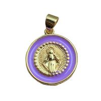 Enamel Brass Pendants, Flat Round, gold color plated, for woman 15.7mm 