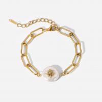 Stainless Steel Charm Bracelet, 304 Stainless Steel, with Plastic Pearl, with 2.3inch extender chain, 18K gold plated, fashion jewelry & for woman, golden, 1.7mm,0.7mm Approx 7.1 Inch 