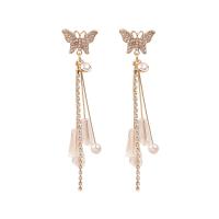 Fashion Fringe Earrings, Zinc Alloy, with Plastic Pearl, Butterfly, gold color plated, fashion jewelry & for woman & with rhinestone, golden 