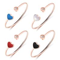 Stainless Steel Cuff Bangle, 304 Stainless Steel, Heart, real rose gold plated, adjustable & for woman & enamel & with rhinestone 60mm 