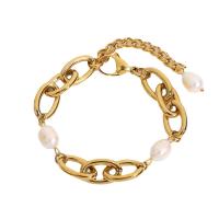Stainless Steel Chain Bracelets, 304 Stainless Steel, with Freshwater Pearl, with 2.6inch extender chain, 18K gold plated, fashion jewelry & for woman, golden, 11.75mm Approx 7.5 Inch 