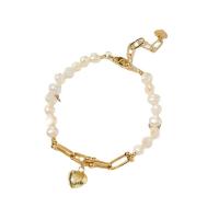 Cultured Freshwater Pearl Brass Bracelet, with Freshwater Pearl, with 1.97inch extender chain, Heart, 14K gold-filled, fashion jewelry & for woman, golden, 10mm,6.39mm Approx 6.5 Inch 