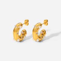 Edelstahl CZ Stud Ohrring, 304 Edelstahl, mit Kunststoff Perlen, 18K vergoldet, Modeschmuck & Micro pave Zirkonia & für Frau, goldfarben, 20x5.5mm, verkauft von Paar