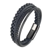 Leatheroid Cord Bracelets, Titanium Steel, with Leather, gun black plated, multilayer & braided bracelet & for man, black, 215mm 