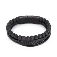 Leatheroid Cord Bracelets, Titanium Steel, with Leather & Lava, gun black plated, multilayer & braided bracelet & for man, black, 215mm 