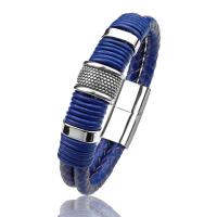 Leatheroid Cord Bracelets, Titanium Steel, with Leather, plated, Double Layer & braided bracelet & for man, blue, 215mm 