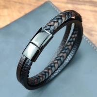 Cowhide Bracelets, Titanium Steel, with Cowhide, gun black plated, multilayer & braided bracelet & for man 215mm 