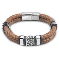 Bracelet en cuir artificiel, Acier titane, avec Cuir, Placage, Double couche & bracelet tressé & pour homme, brun foncé, 215mm, Vendu par PC