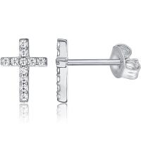 Sterling Silver Stud Earring, 925 Sterling Silver, Cross, plated, for woman & with rhinestone 