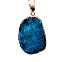 Natural Agate Druzy Pendant, Ice Quartz Agate, with Brass, Oval, gold color plated, Unisex, blue, 20-30x30-40mm 