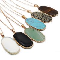 Gemstone Brass Pendants, Natural Stone, with Brass, Oval, gold color plated & Unisex 