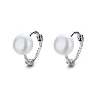 Sterling Silver Huggie Hoop Earring, 925 Sterling Silver, with Shell Pearl, Round, platinum plated & for woman, 9.9mm 