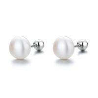 Sterling Silver Natural Pearl Stud Earring, 925 Sterling Silver, with Freshwater Pearl, Round, plated & for woman 