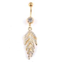 Stainless Steel Belly Ring, 316L Stainless Steel, Leaf, Vacuum Ion Plating, Unisex & with rhinestone 5mm 