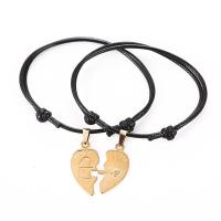 Bracelet de couple, corde de cire, avec alliage de zinc, Placage de couleur d'or, 2 pièces & Réglable & bijoux de mode, noire cm, Vendu par paire