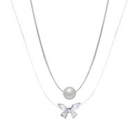Plastic Pearl Necklace, Brass, with Plastic Pearl, with 4.6cm,4cm extender chain, Butterfly, silver color plated, Double Layer & fashion jewelry & micro pave cubic zirconia & for woman, silver color cm, 39 cm 