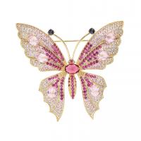 Cubic Zirconia Brooch, Brass, Butterfly, gold color plated, micro pave cubic zirconia & for woman, pink 