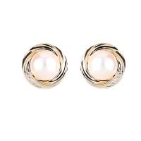Cubic Zirconia Micro Pave Brass Earring, with Shell Pearl, gold color plated, micro pave cubic zirconia & for woman 